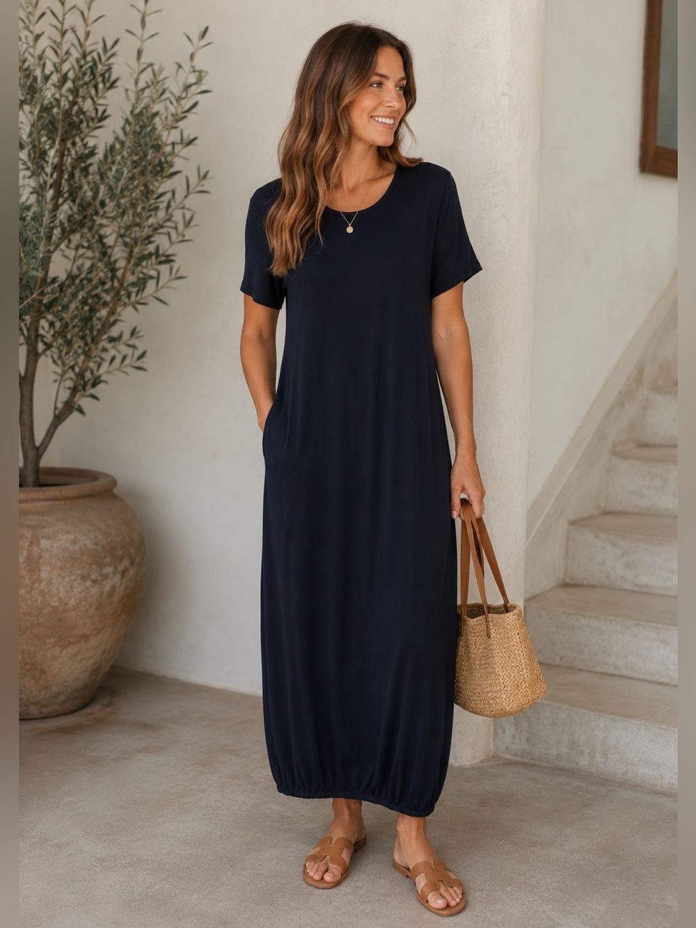 Eileen Fisher Navy Short Sleeve Midi Dress